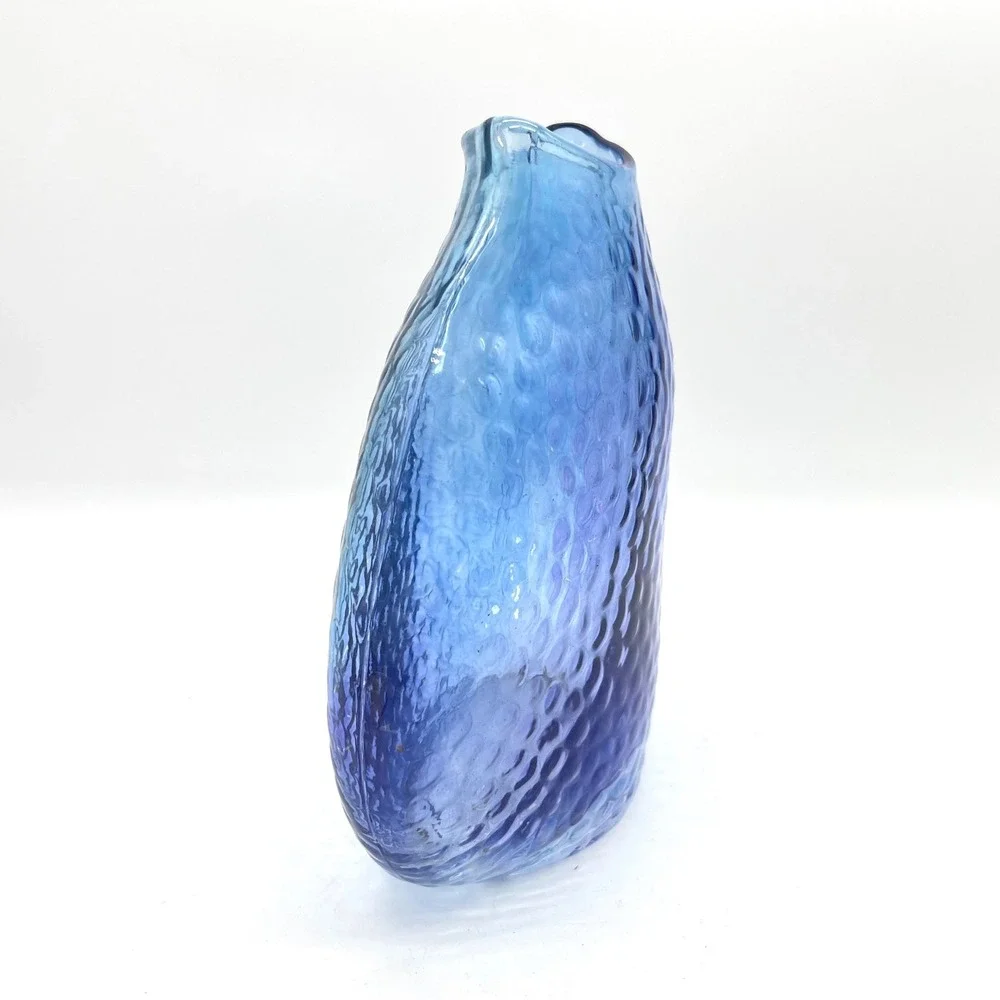 Hand Blown Blue Dimpled Art Glass Vase 7.5 Inch Hammered Texture